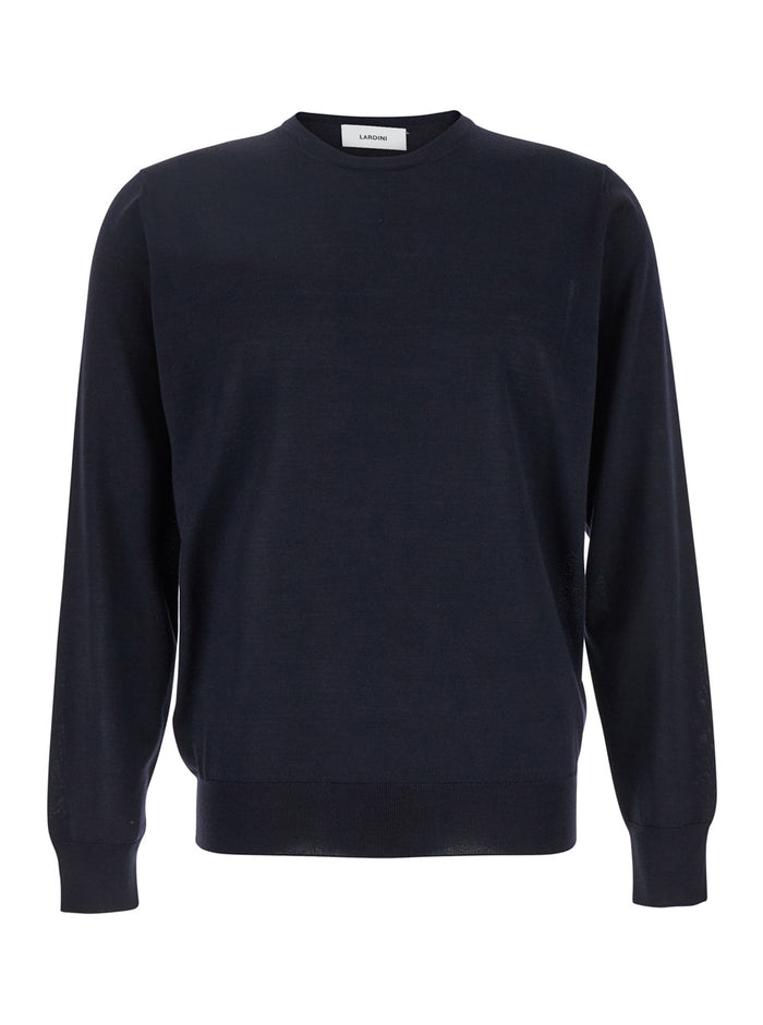 Blue Round Neck Sweater With Long Sleeves Wool And Silk Blend Man Blu Kashmir Jersey