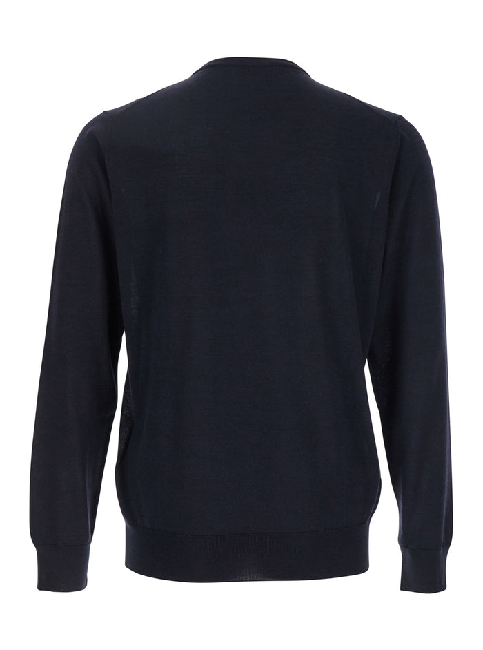 Blue Round Neck Sweater With Long Sleeves Wool And Silk Blend Man Blu Kashmir Jersey