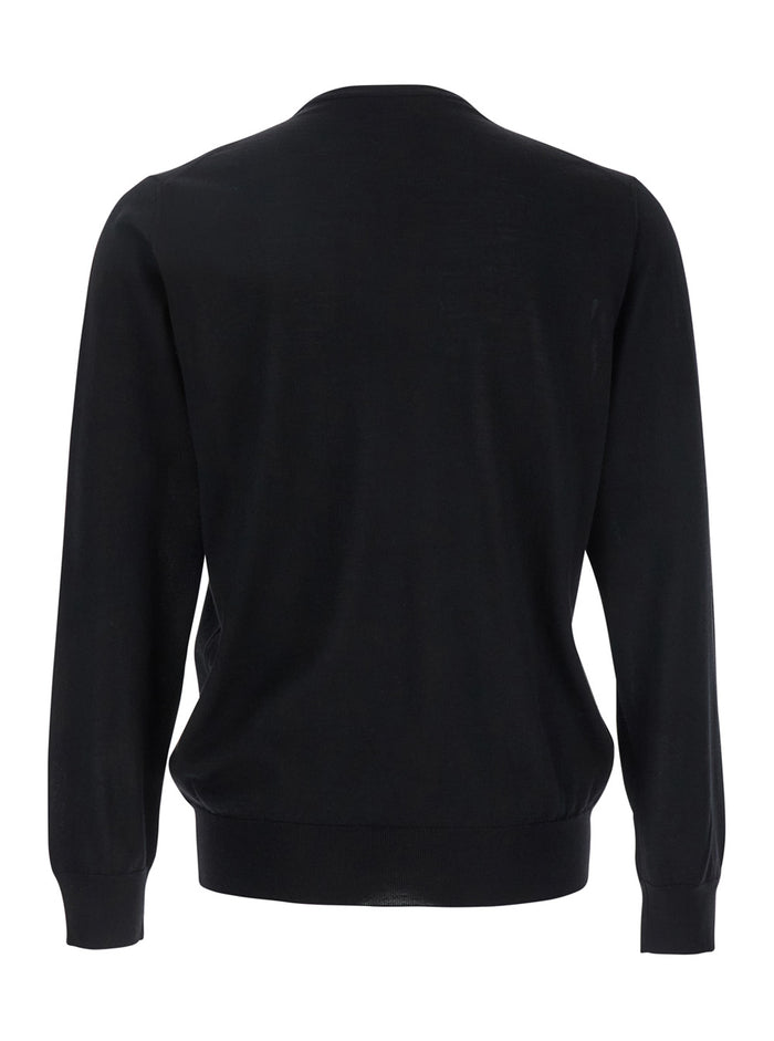 Black Round Neck Sweater with Long Sleeves in Wool and Silk Blend Man Kashmir Jersey