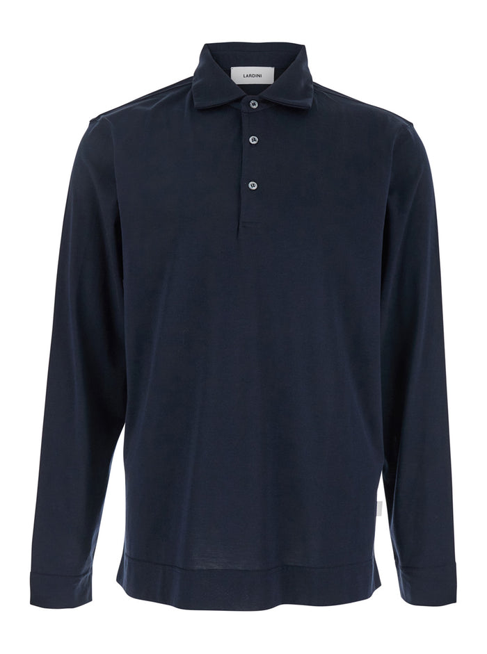 Blue Polo with Classic Collar and Long Sleeves in Cotton Silk Blend Man Blu Tshirts Shirts
