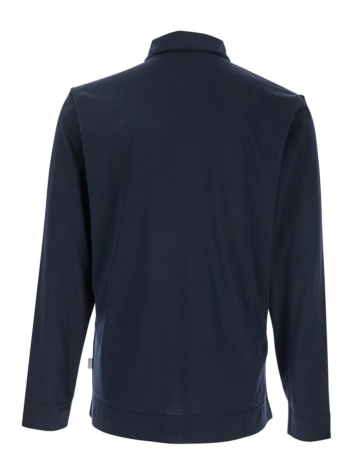 Blue Polo with Classic Collar and Long Sleeves in Cotton Silk Blend Man Blu Tshirts Shirts