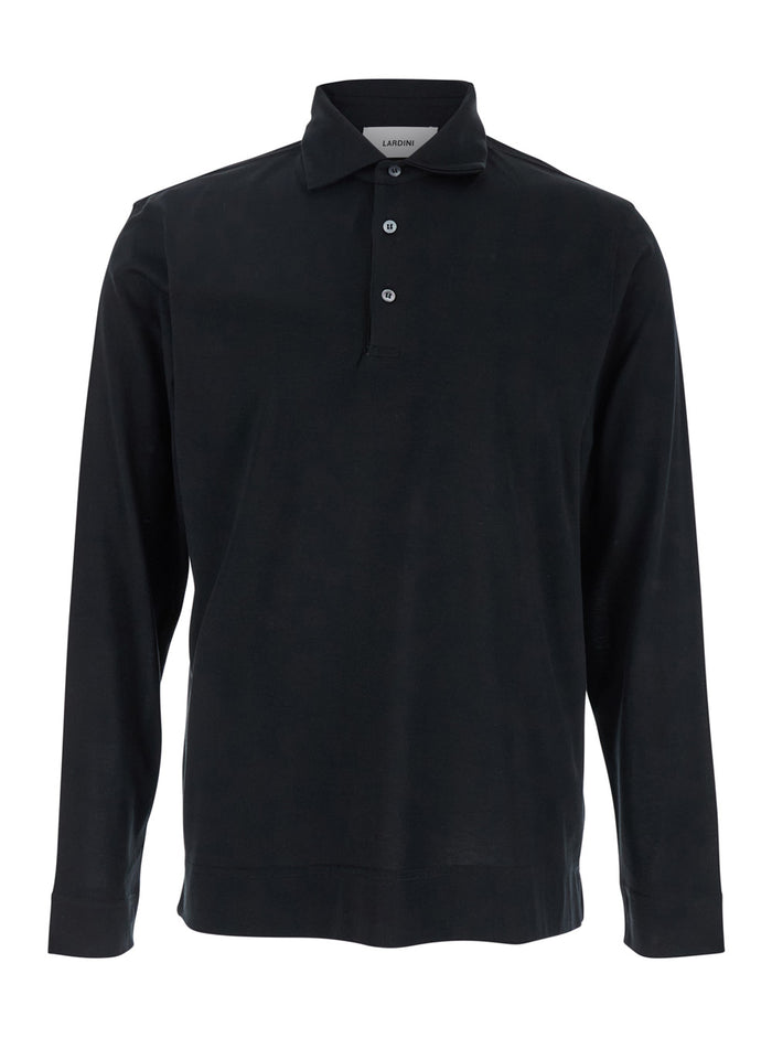 Black Polo with Classic Collar and Long Sleeves in Cotton Silk Blend Man Tshirts Shirts