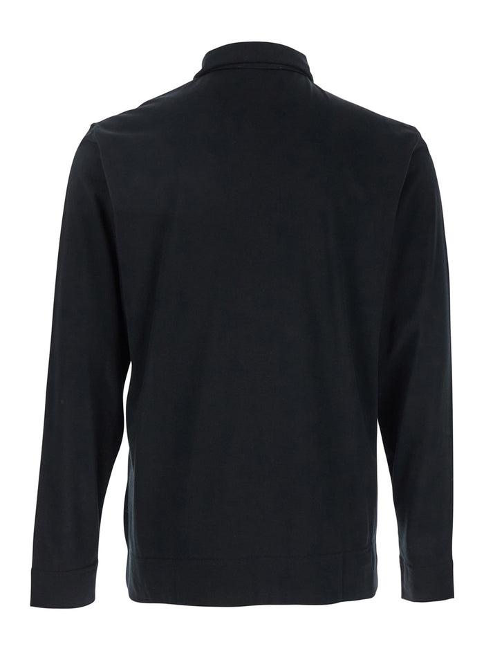 Black Polo with Classic Collar and Long Sleeves in Cotton Silk Blend Man Tshirts Shirts