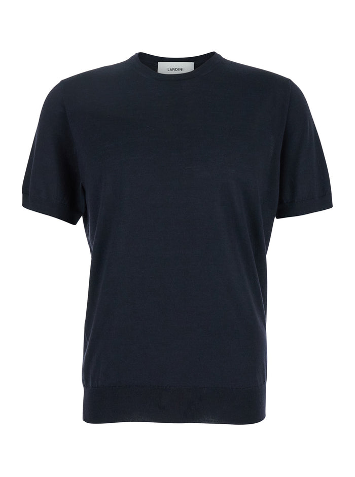 Blue Ribbed Crewneck Sweater Wool And Silk Blend Man Blu Kashmir Tshirts Polo Shirts