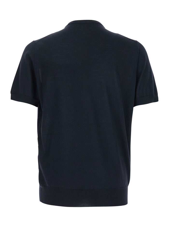Blue Ribbed Crewneck Sweater Wool And Silk Blend Man Blu Kashmir Tshirts Polo Shirts