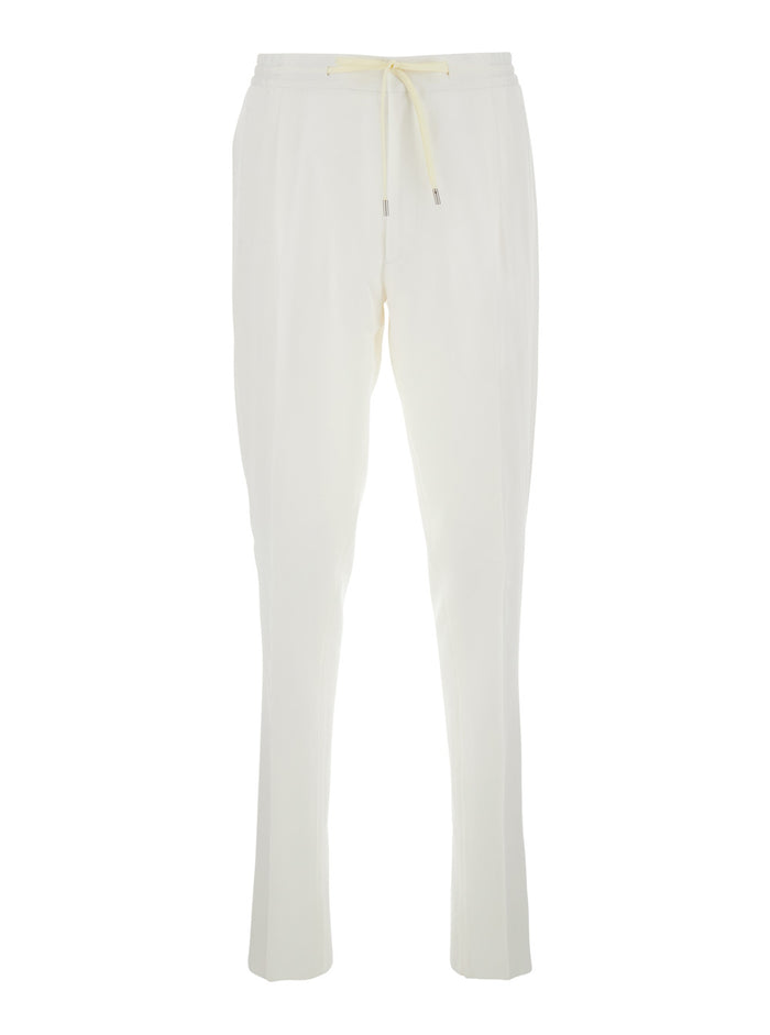 White Pants with Elastic Waist and Drawstring in Cotton Man Viscose Lyocell Wool Trousers