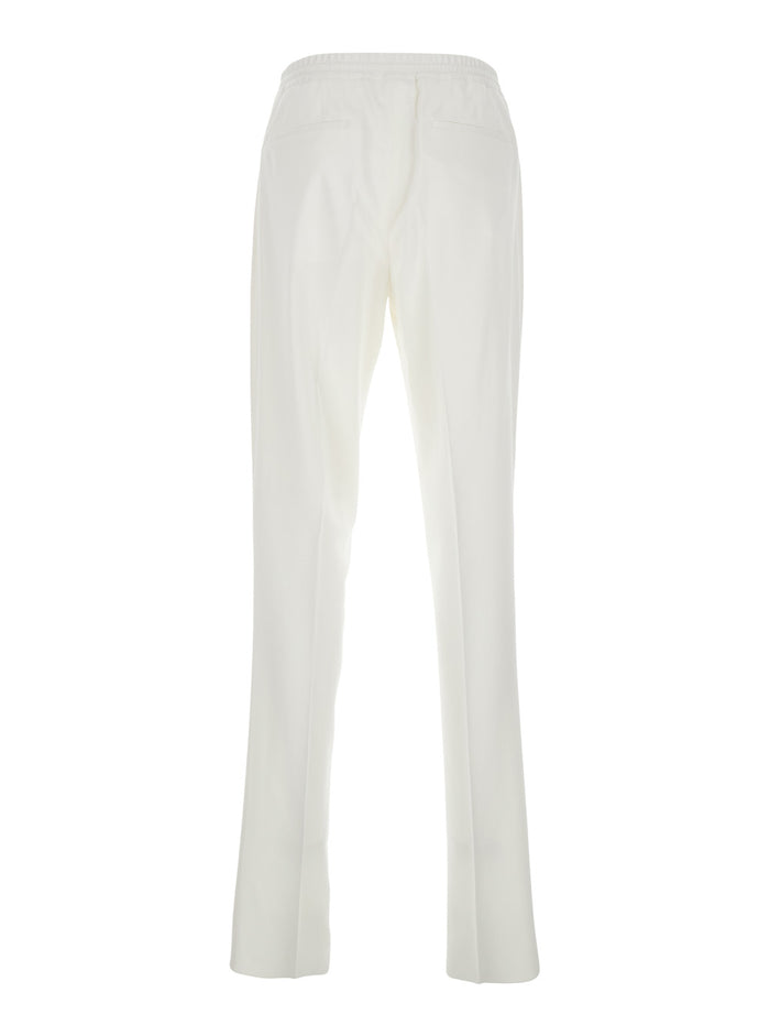 White Pants with Elastic Waist and Drawstring in Cotton Man Viscose Lyocell Wool Trousers