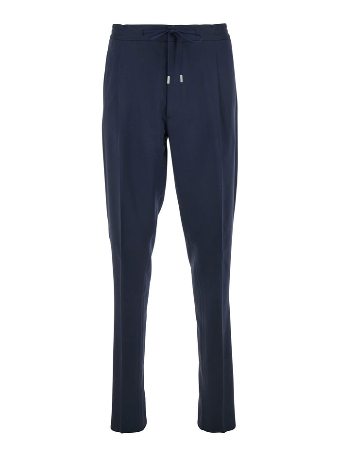 Blue Pants With Elastic Waist And Drawstring Cotton Man Blu Viscose Lyocell Wool Trousers