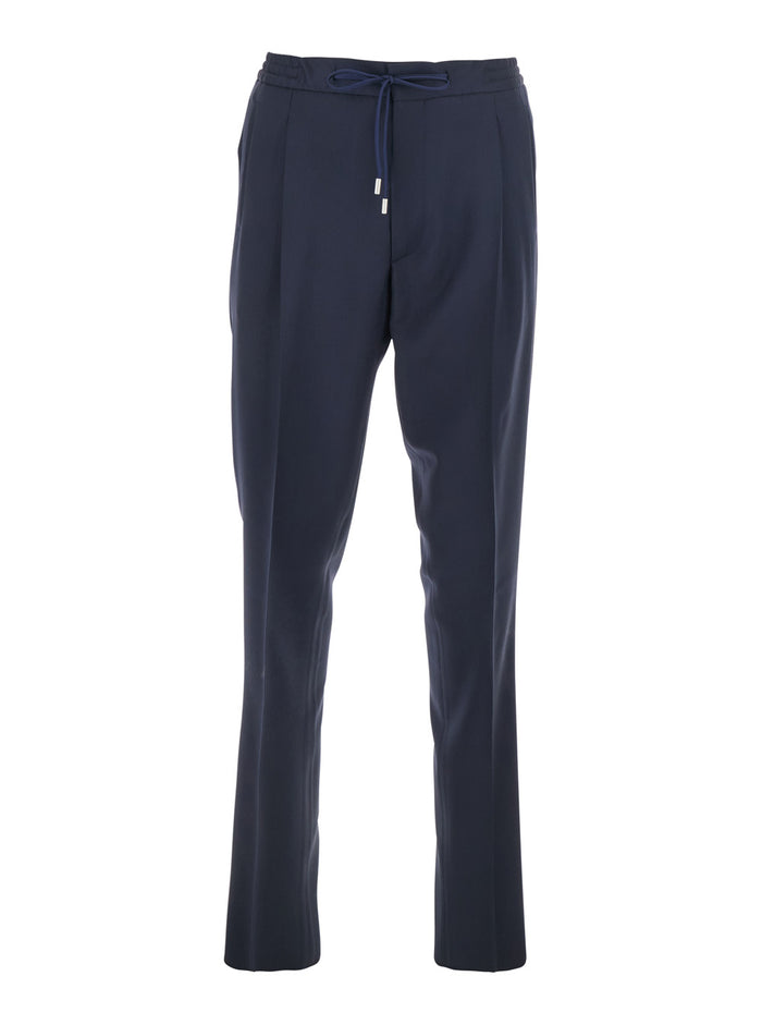 Blue Pants With Elastic Waist And Drawstring Virgin Wool Man Blu Trousers