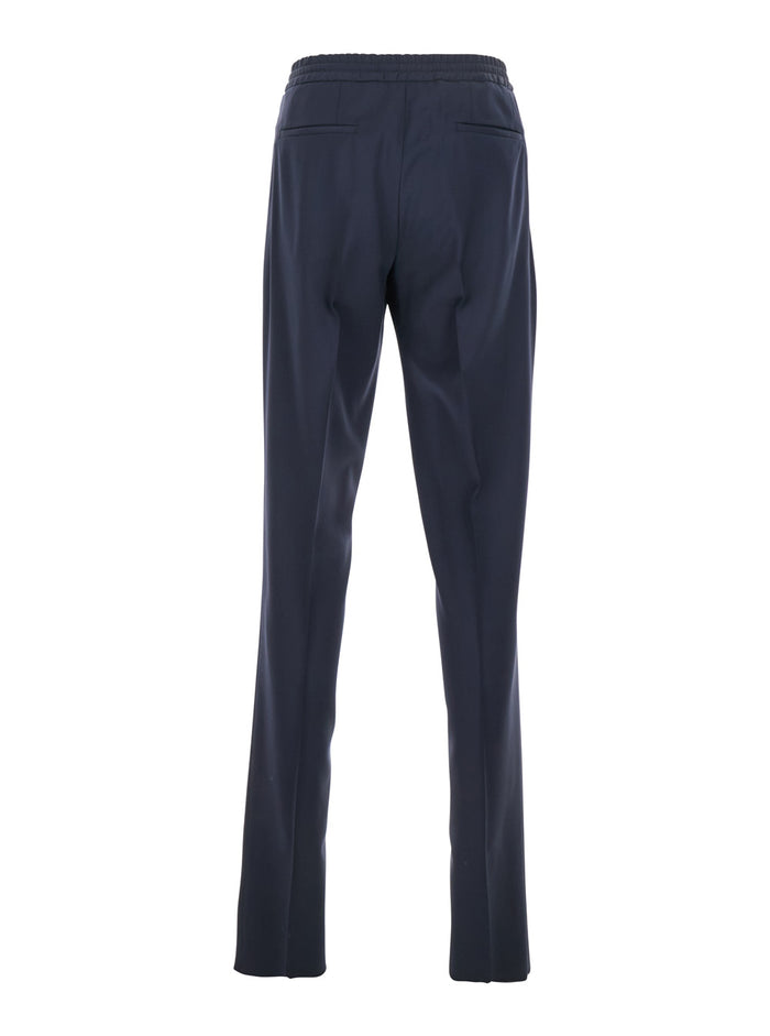Blue Pants With Elastic Waist And Drawstring Virgin Wool Man Blu Trousers