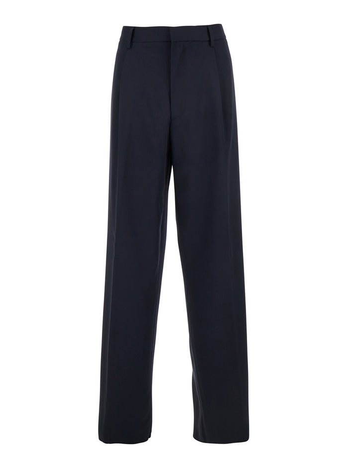 Blue Tailored Pants With Pleated Details Wool Man Blu Virgin Trousers