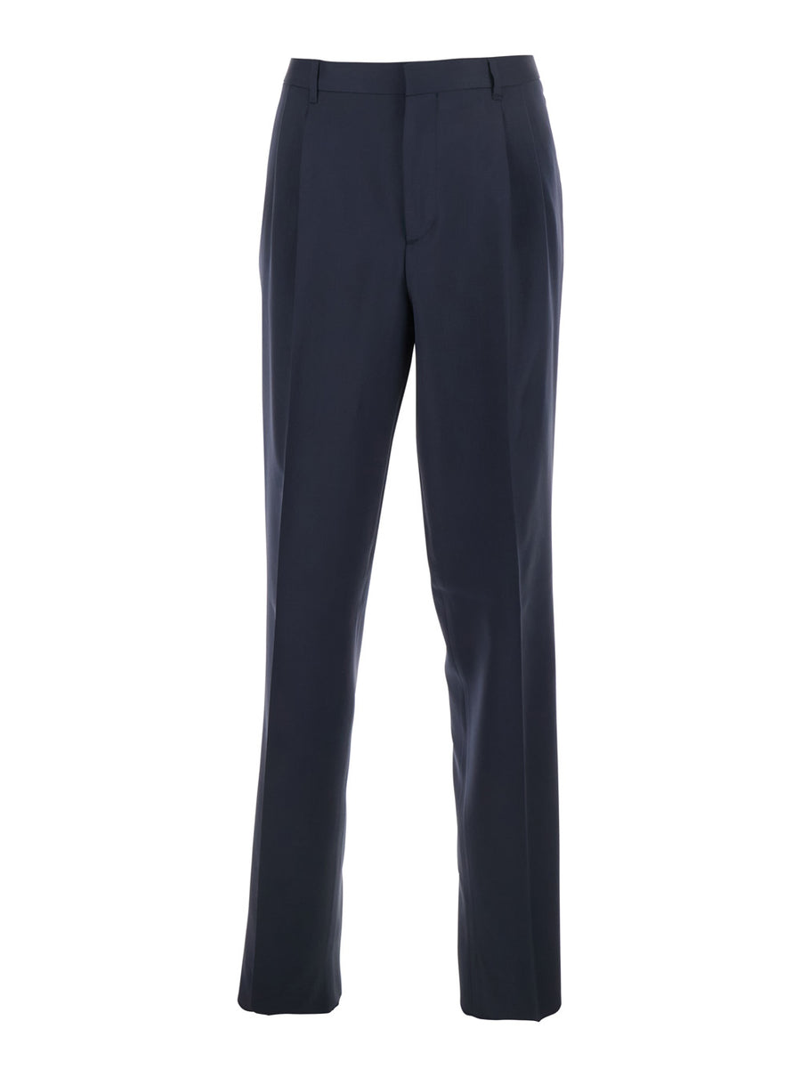 Blue Tailored Trousers With Double Pleats Virgin Wool