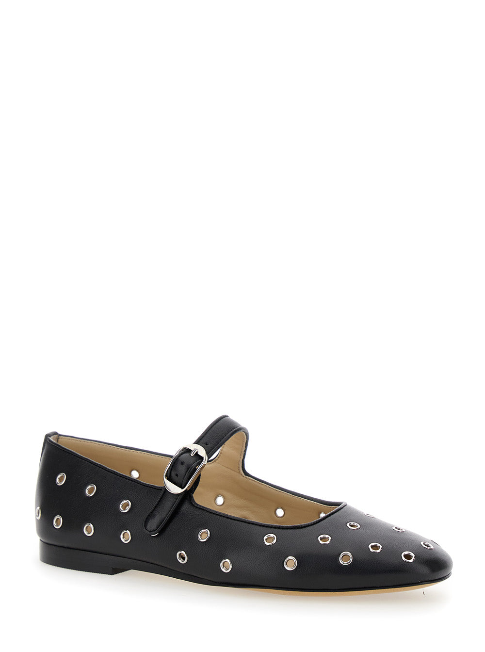 Mary Jane Black Ballerinas with Eyelets in Leather Woman Lamb