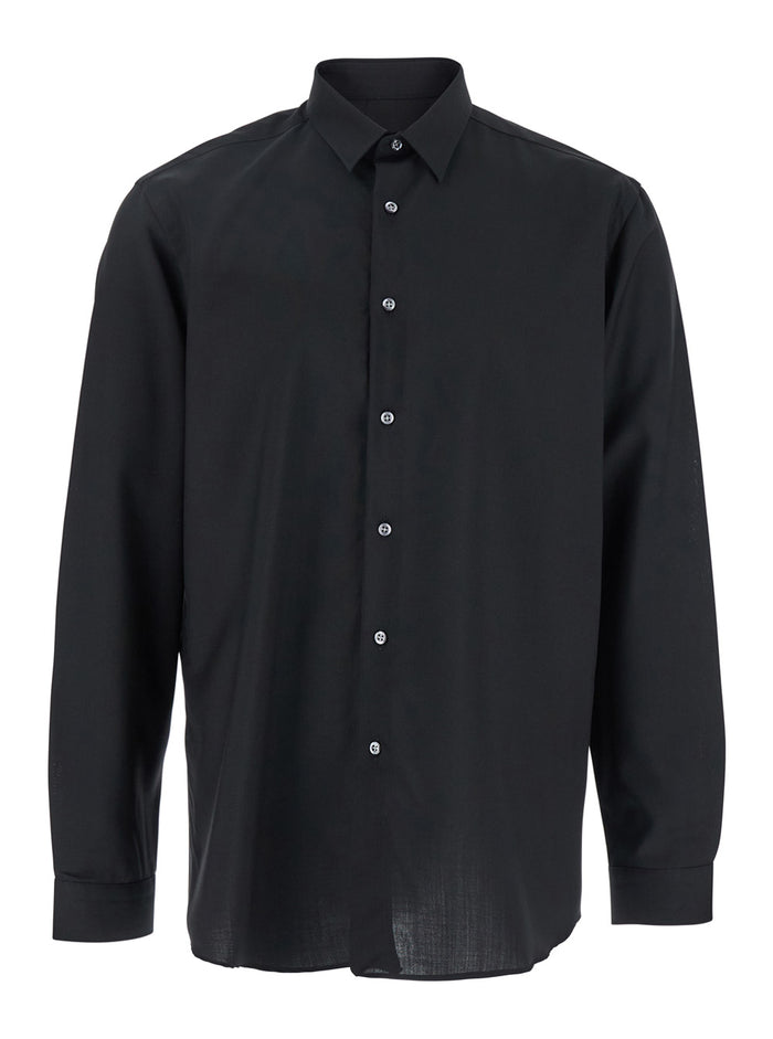Black Shirt with Classic Collar and Button Closure in Fabric Man Blouses
