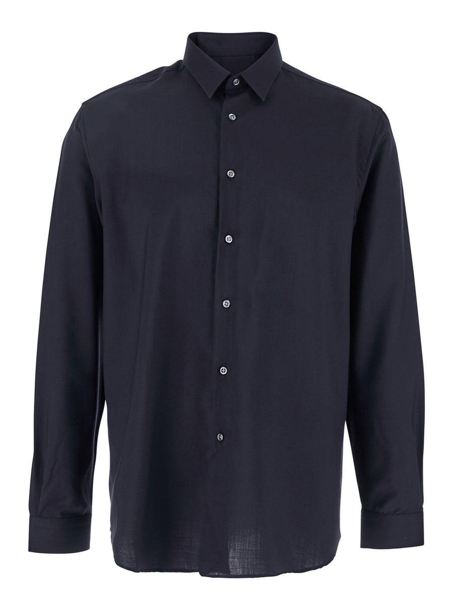 Blue Classic Collar Shirt With Button Closure Virgin Wool