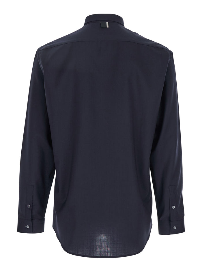 Blue Shirt with Classic Collar and Button Closure in Fabric Man Blu Virgin Wool Blouses