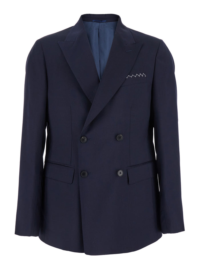 Blue Double-Breasted Jacket with Peak Revers and Embroidery Detail on the Front in Wool Man Blu Virgin Blazers