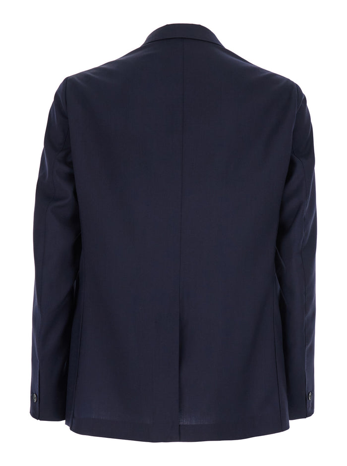 Blue Double-Breasted Jacket with Peak Revers and Embroidery Detail on the Front in Wool Man Blu Virgin Blazers