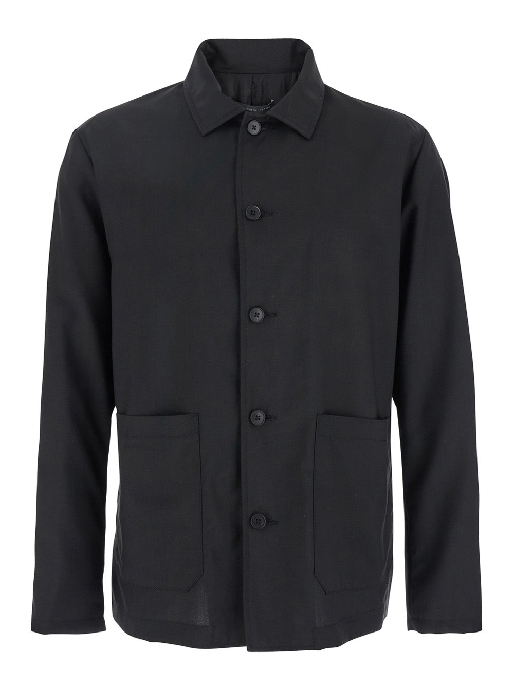 Black Jacket with Classic Collar and Patch Pockets on the Front in Wool Man Outerwear