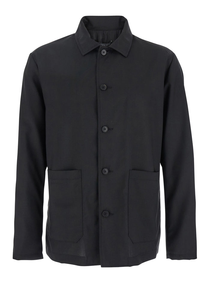 Black Jacket with Classic Collar and Patch Pockets on the Front in Wool Man Outerwear