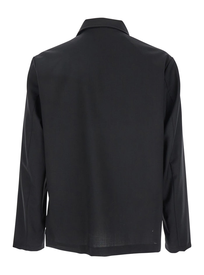 Black Jacket with Classic Collar and Patch Pockets on the Front in Wool Man Outerwear