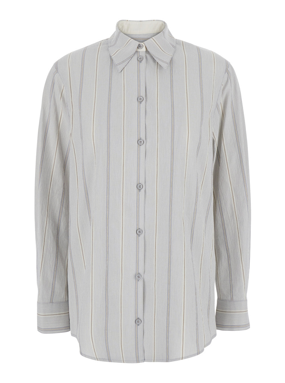 Blue Shirt With Classic Collar And All-Over Striped Motif Cotton Woman Light Blouses
