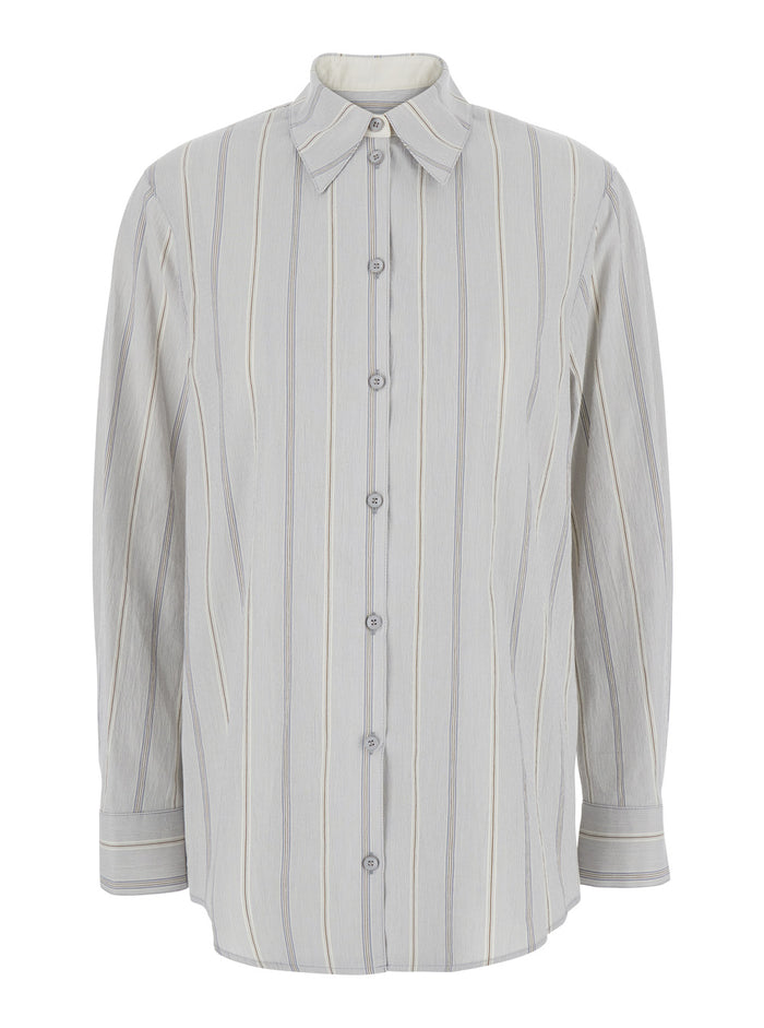Blue Shirt With Classic Collar And All-Over Striped Motif Cotton Woman Light Blouses