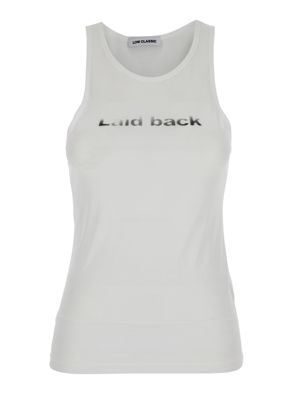 Laid Back White Sleeveless Top with Round Neck and Print on the Front in Tech Fabric Woman Polyester Tops