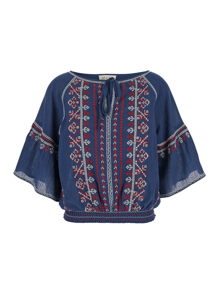 Blue Top With V Neck On The Front And All-Over Embroidered Motif Fabric Woman Blu Shirts Blouses
