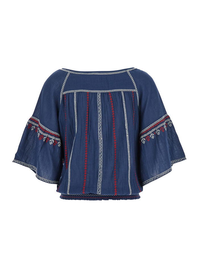 Blue Top With V Neck On The Front And All-Over Embroidered Motif Fabric Woman Blu Shirts Blouses