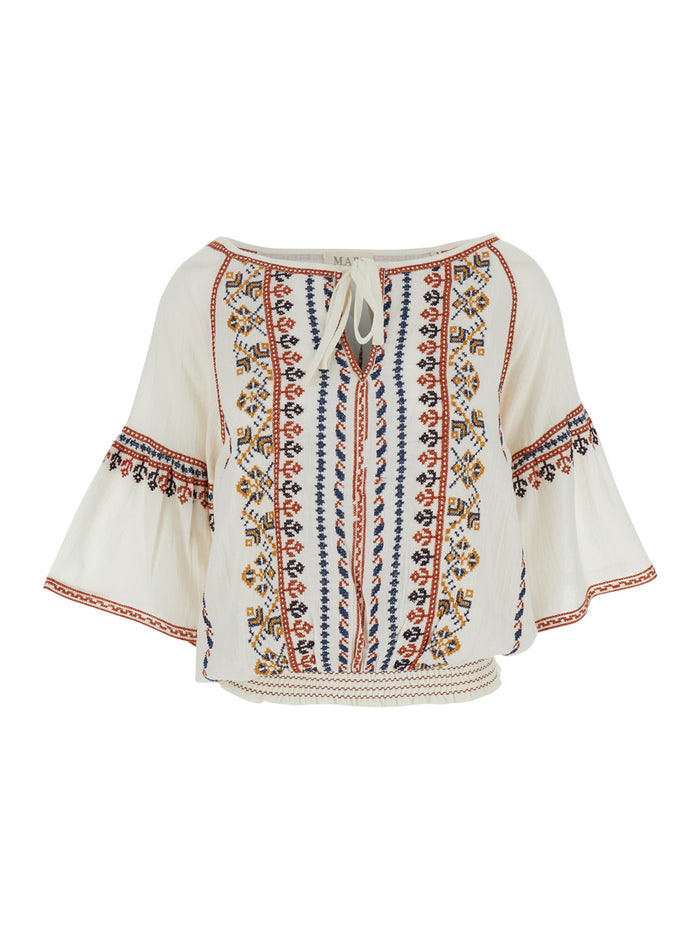 White Top With V Neck On The Front And All-Over Embroidered Motif Fabric Woman Shirts Blouses