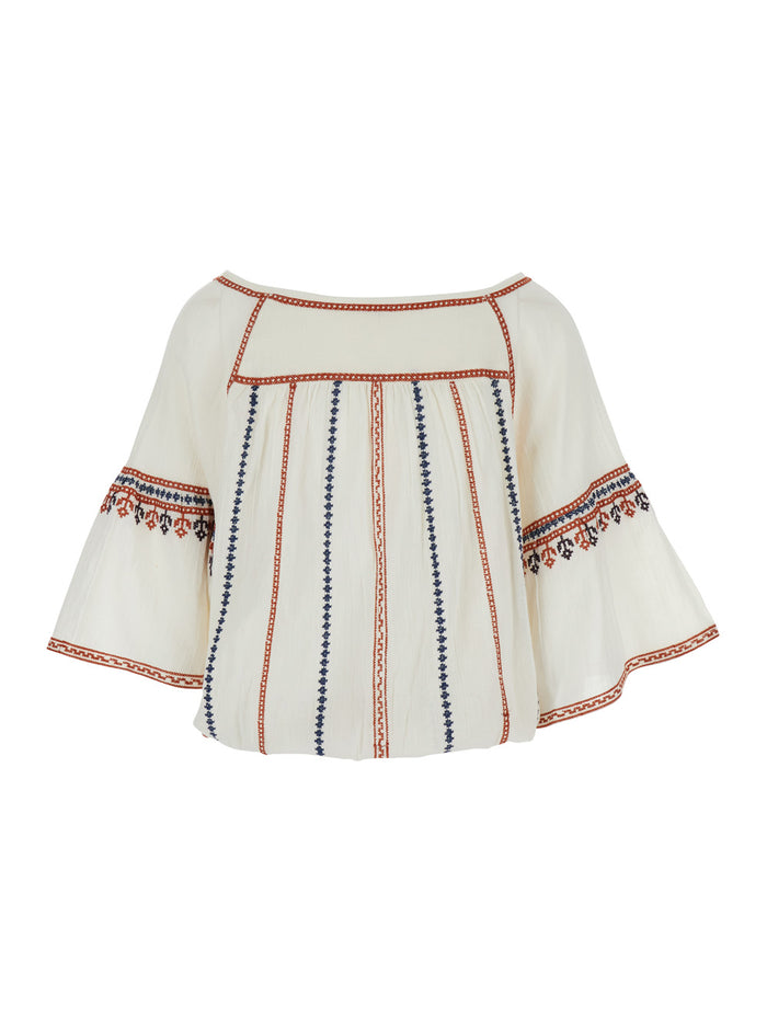 White Top With V Neck On The Front And All-Over Embroidered Motif Fabric Woman Shirts Blouses