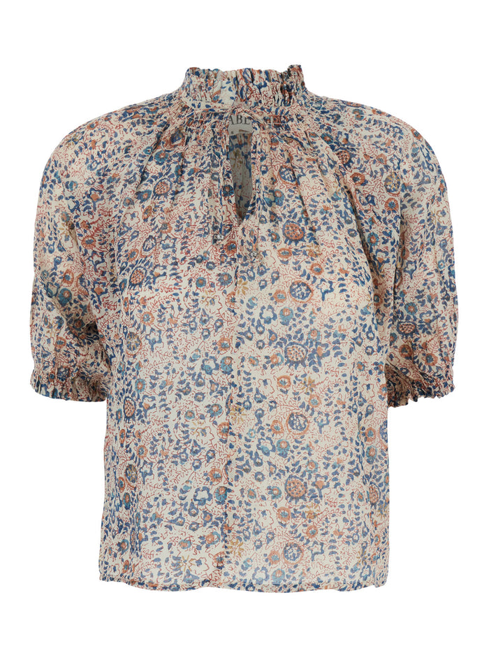 Multicolor Blouse With Raised Collar And All-Over Printed Motif Fabric Woman Shirts Blouses