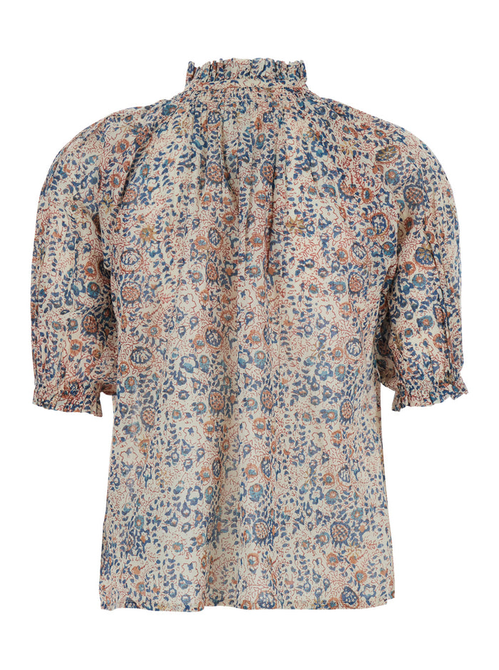 Multicolor Blouse With Raised Collar And All-Over Printed Motif Fabric Woman Shirts Blouses