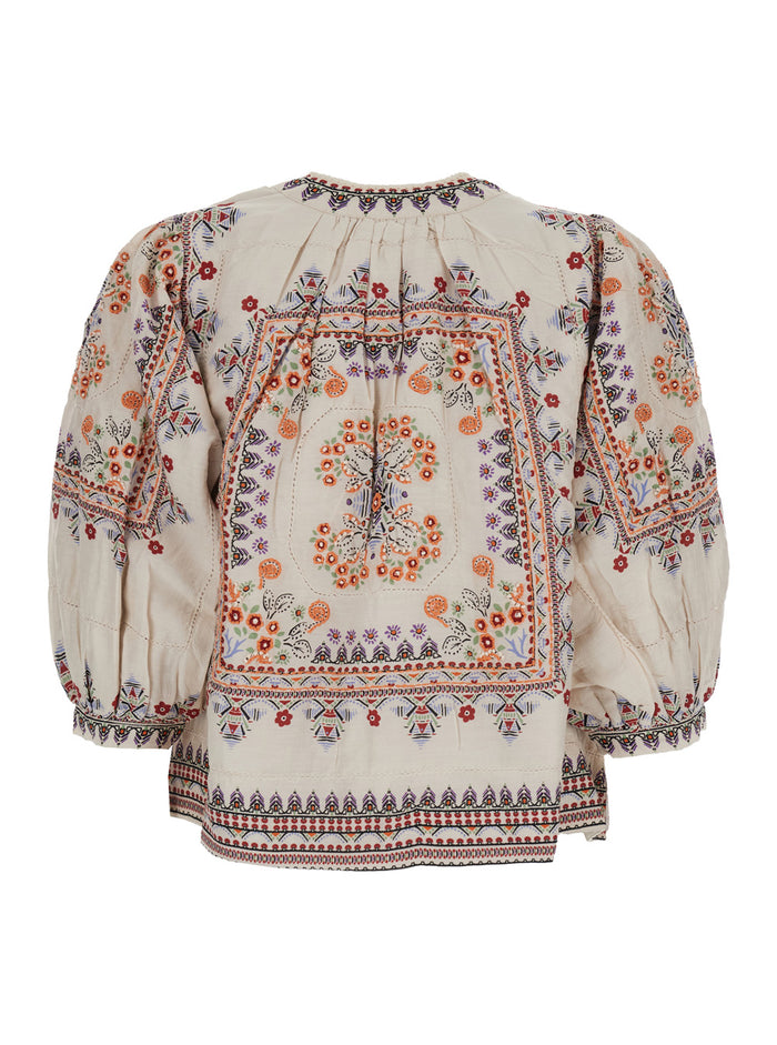 Eden Multicolor Jacket With Puffed Sleeves And All-Over Floral Geometric Print Cotton Silk Woman Shirts Blouses