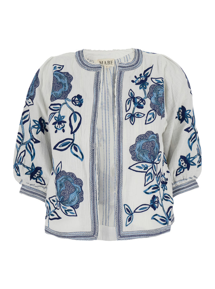 Eden Blue Jacket With Puffed Sleeves And All-Over Floral Print Cotton Silk Woman Blu Shirts Blouses