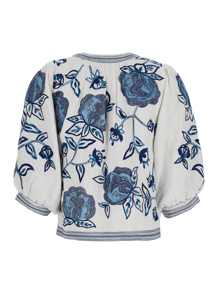 Eden Blue Jacket With Puffed Sleeves And All-Over Floral Print Cotton Silk Woman Blu Shirts Blouses