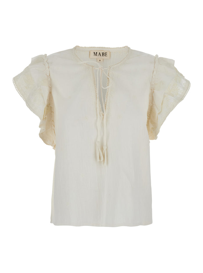 White Top with V-Neck on the Front and Knot Closure in Fabric Woman Tops