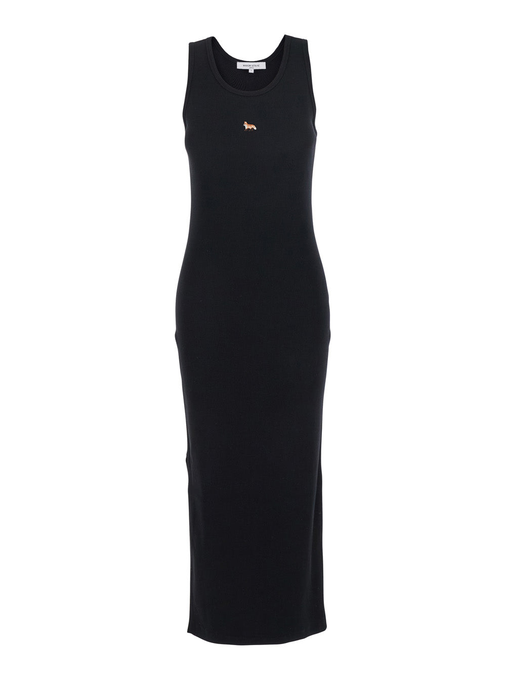 Black Long Dress With Ribbed Design And Baby Fox Embroidered On The Front Cotton Woman