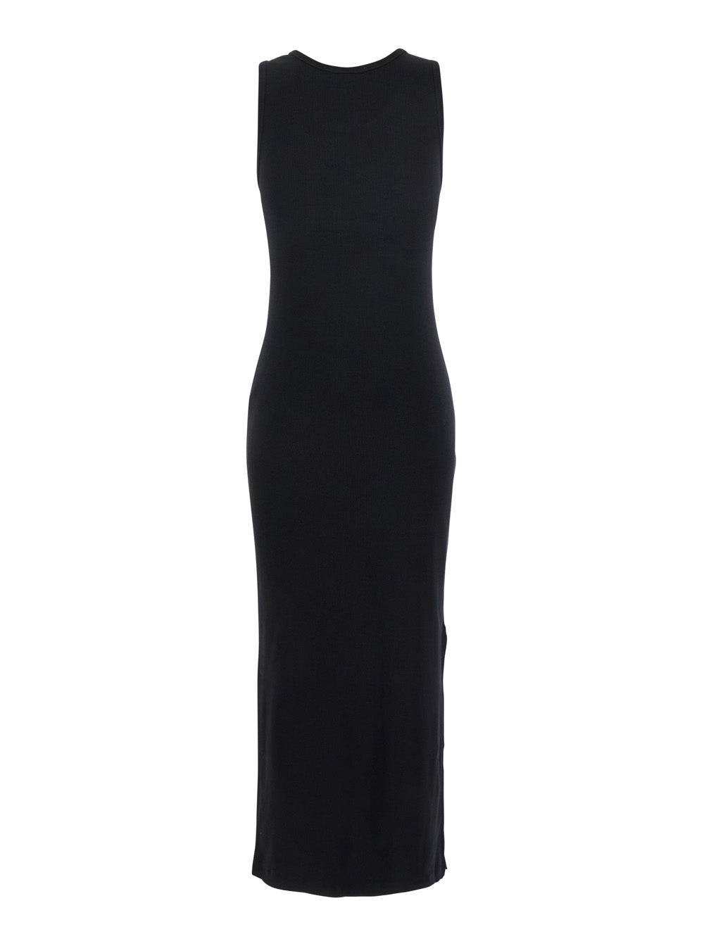 Black Long Dress With Ribbed Design And Baby Fox Embroidered On The Front Cotton Woman