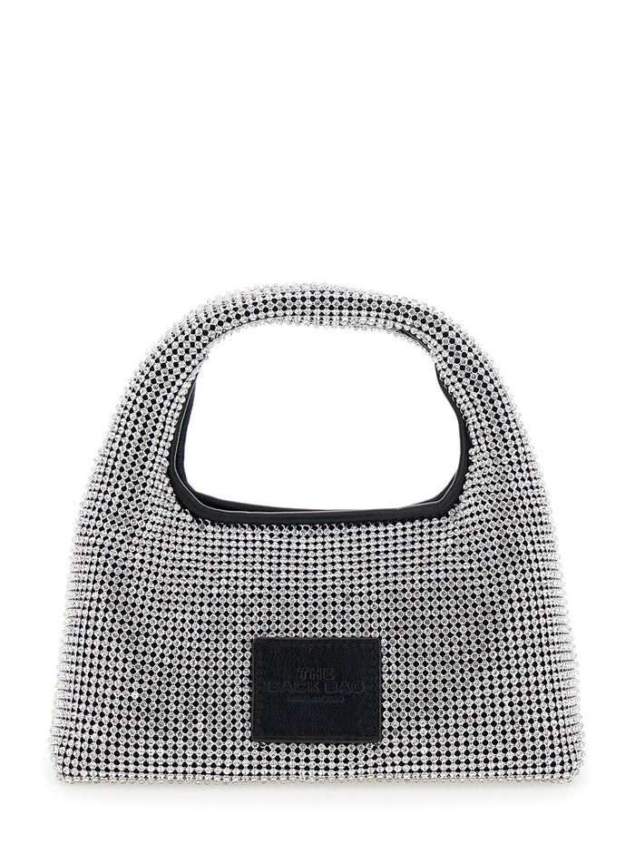 The Mini Sack Metallic Handbag with Logo Patch on Rear and All-Over Crystal Embellishments in Tech Fabric Woman Aluminium Mesh Glass Hand Bags