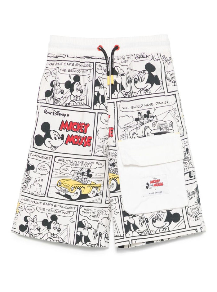 White Bermuda Pants With Elastic Drawstring Waist And All-Over Print Cotton Boy Shorts