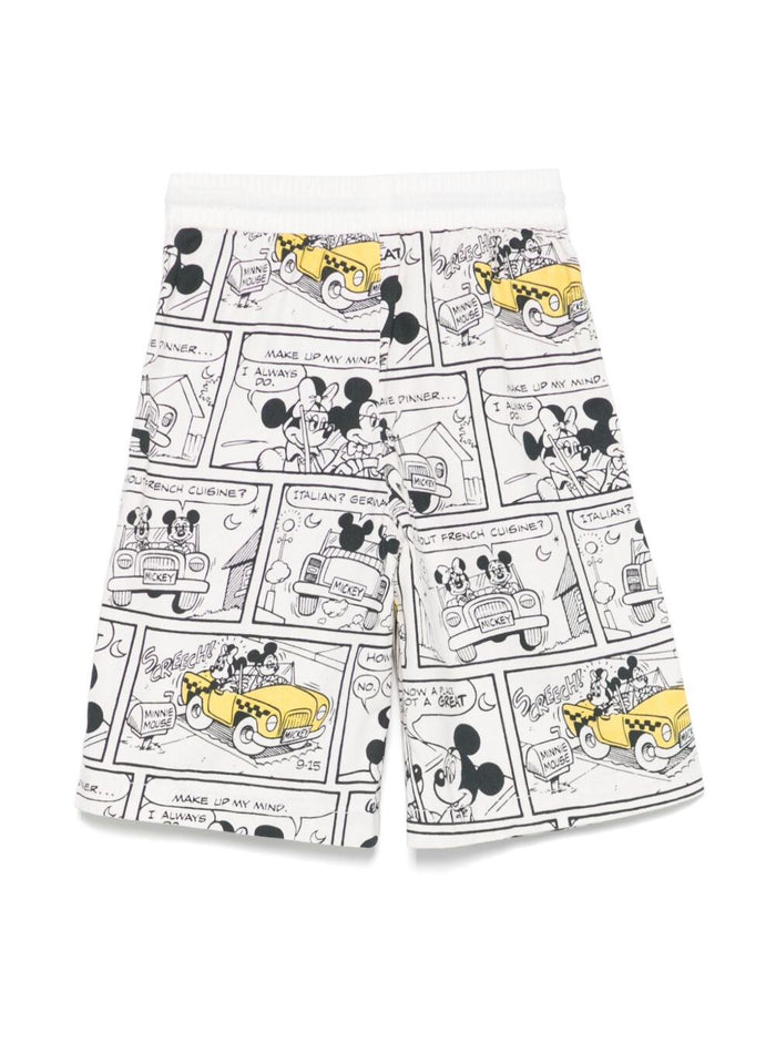White Bermuda Pants With Elastic Drawstring Waist And All-Over Print Cotton Boy Shorts