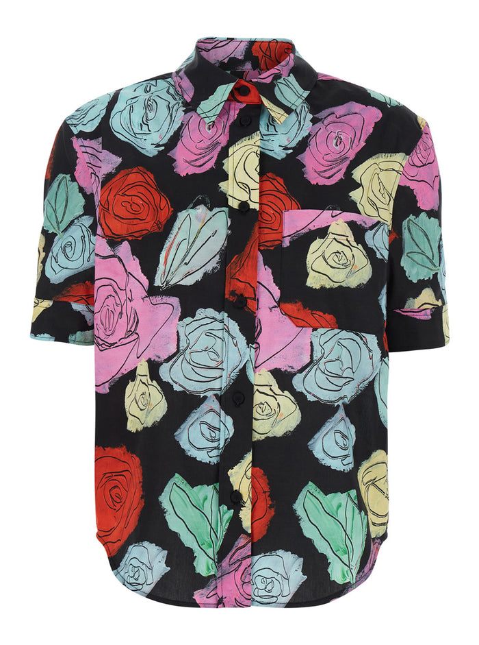 Multicolor Shirt With All-Over Rose Print And Chest Pocket Cotton Woman Blouses