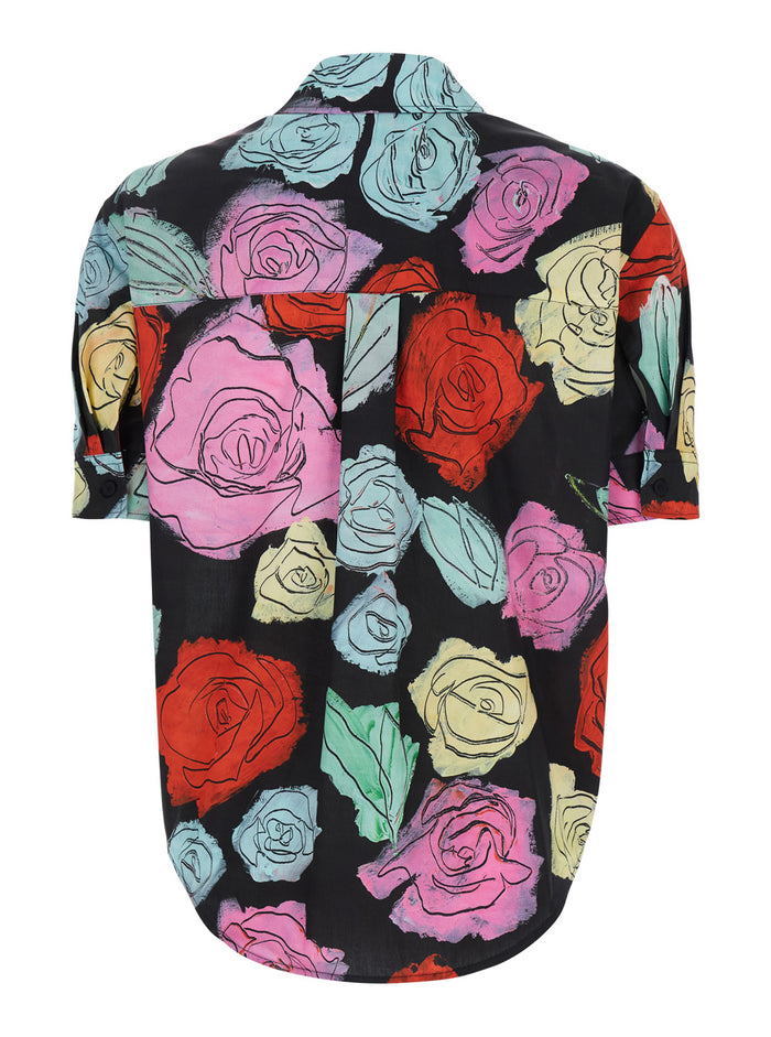 Multicolor Shirt With All-Over Rose Print And Chest Pocket Cotton Woman Blouses