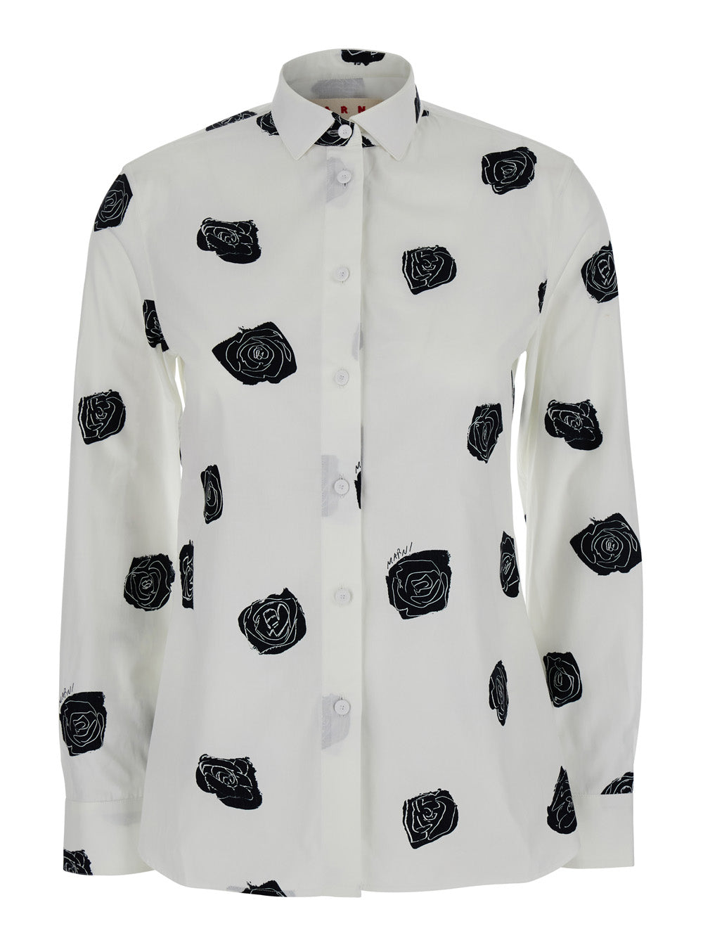 White Shirt With Classic Collar And All-Over Floral Morif Cotton Woman Blouses