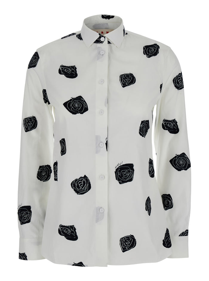 White Shirt With Classic Collar And All-Over Floral Morif Cotton Woman Blouses