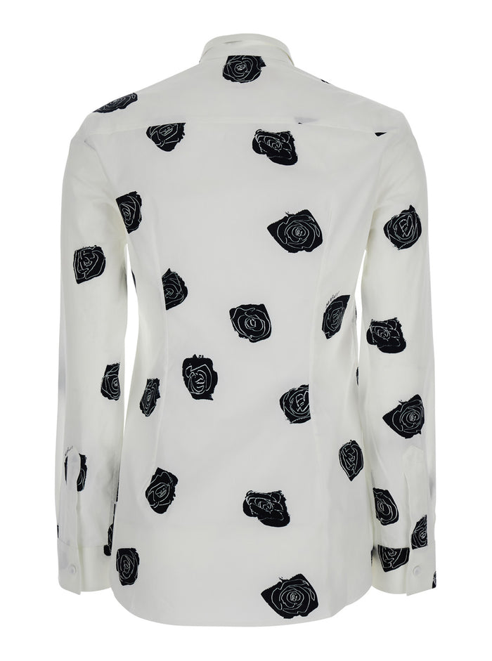 White Shirt With Classic Collar And All-Over Floral Morif Cotton Woman Blouses