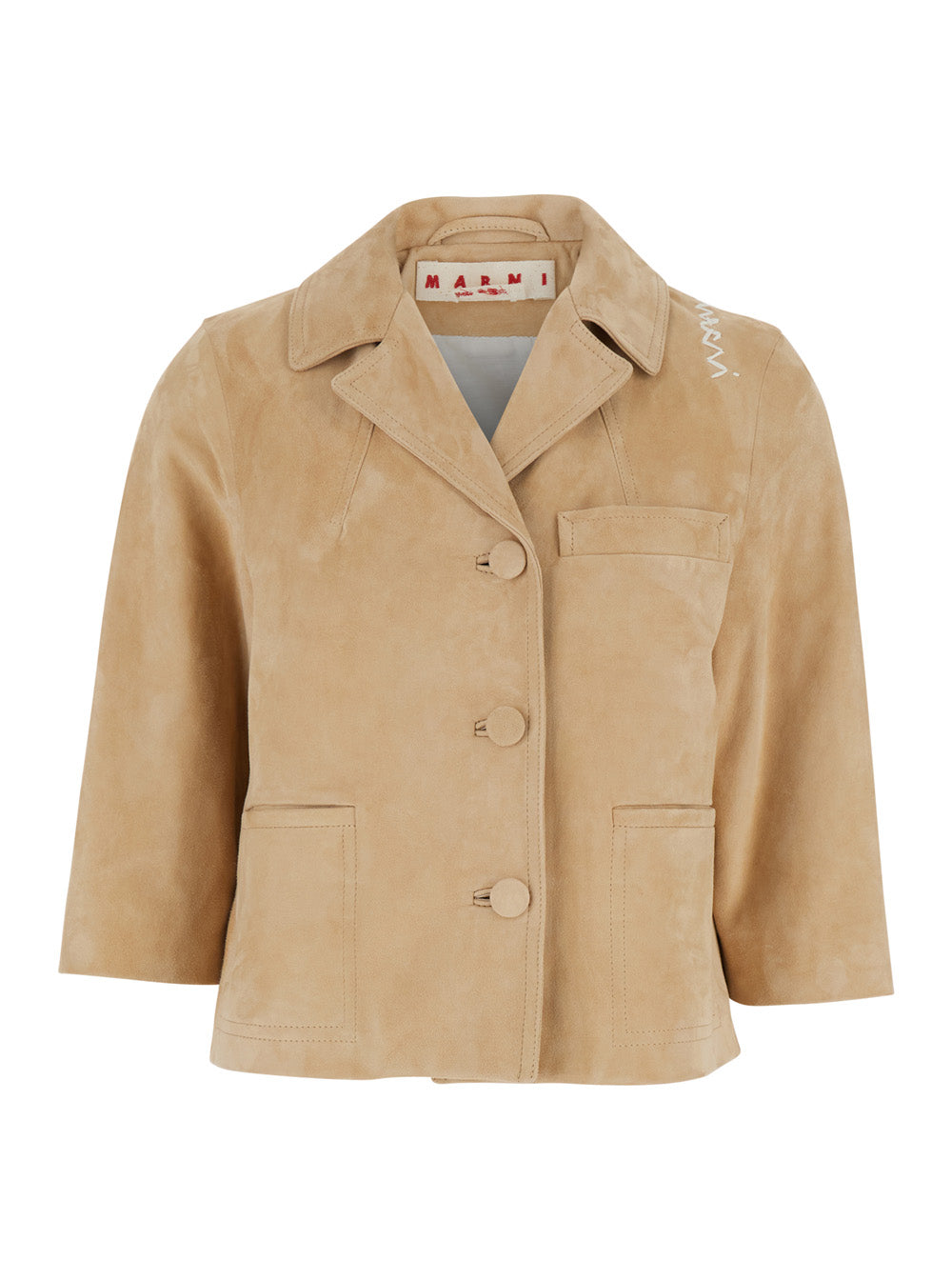Beige Single-Breasted Jacket With Notched Revers And Logo Lettering Detail On The Front Leather Woman Ovine Blazers