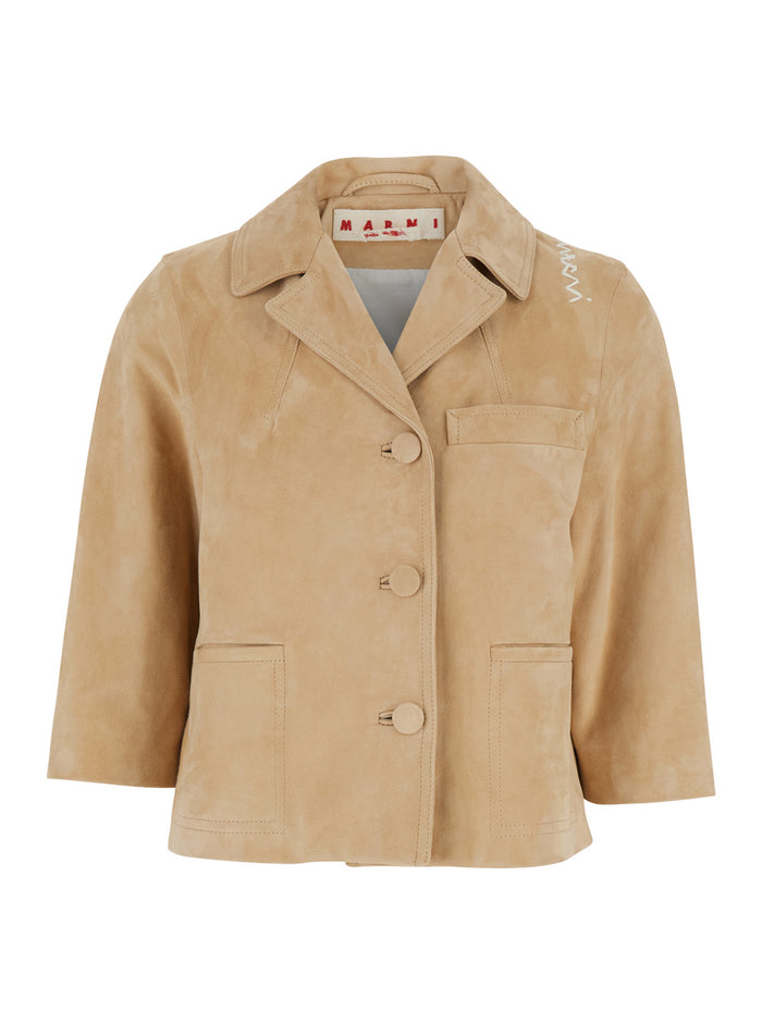 Beige Single-Breasted Jacket With Notched Revers And Logo Lettering Detail On The Front Leather Woman Ovine Blazers